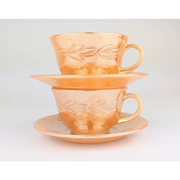 Luster Peach Cup and Saucer Set Vintage Orange Coffee Tea Cup & Saucer Fire King - Picture 1 of 10